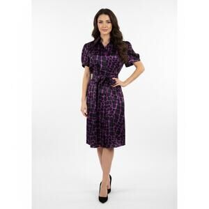 INC 100% Silk Shirt Midi Dress 8 Purple Black Belted Animal Print Office Work